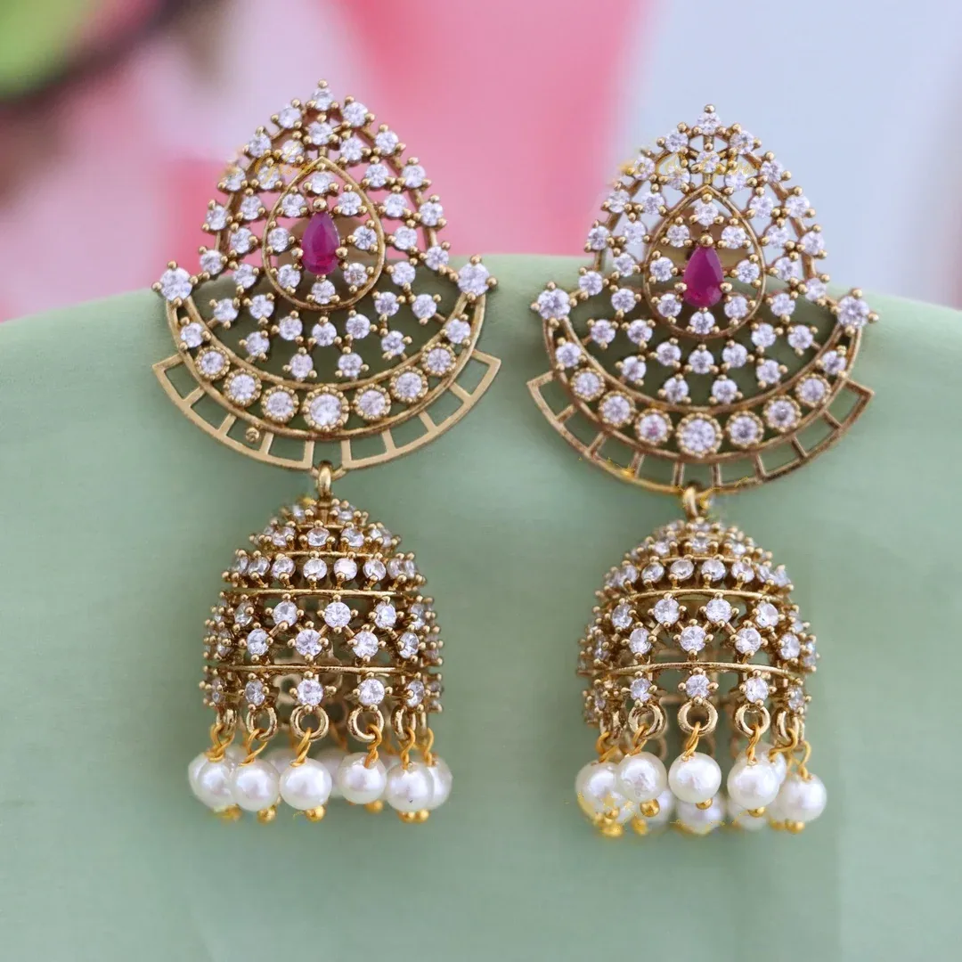 Gold Jhumka Earrings - Pink